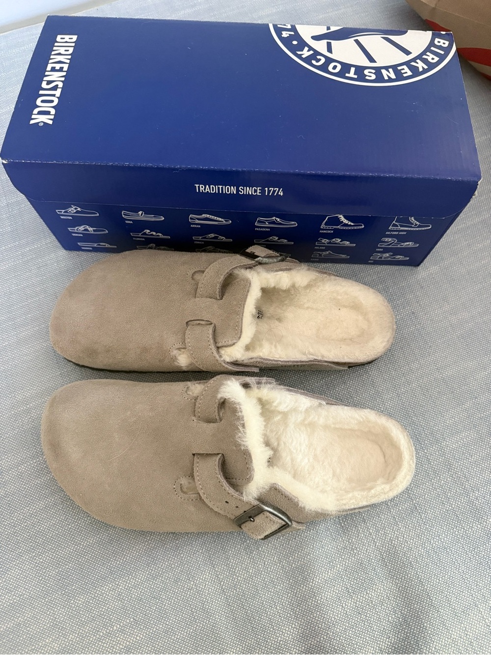 Birkenstock Suede Shearling Clog Mules in Taupe